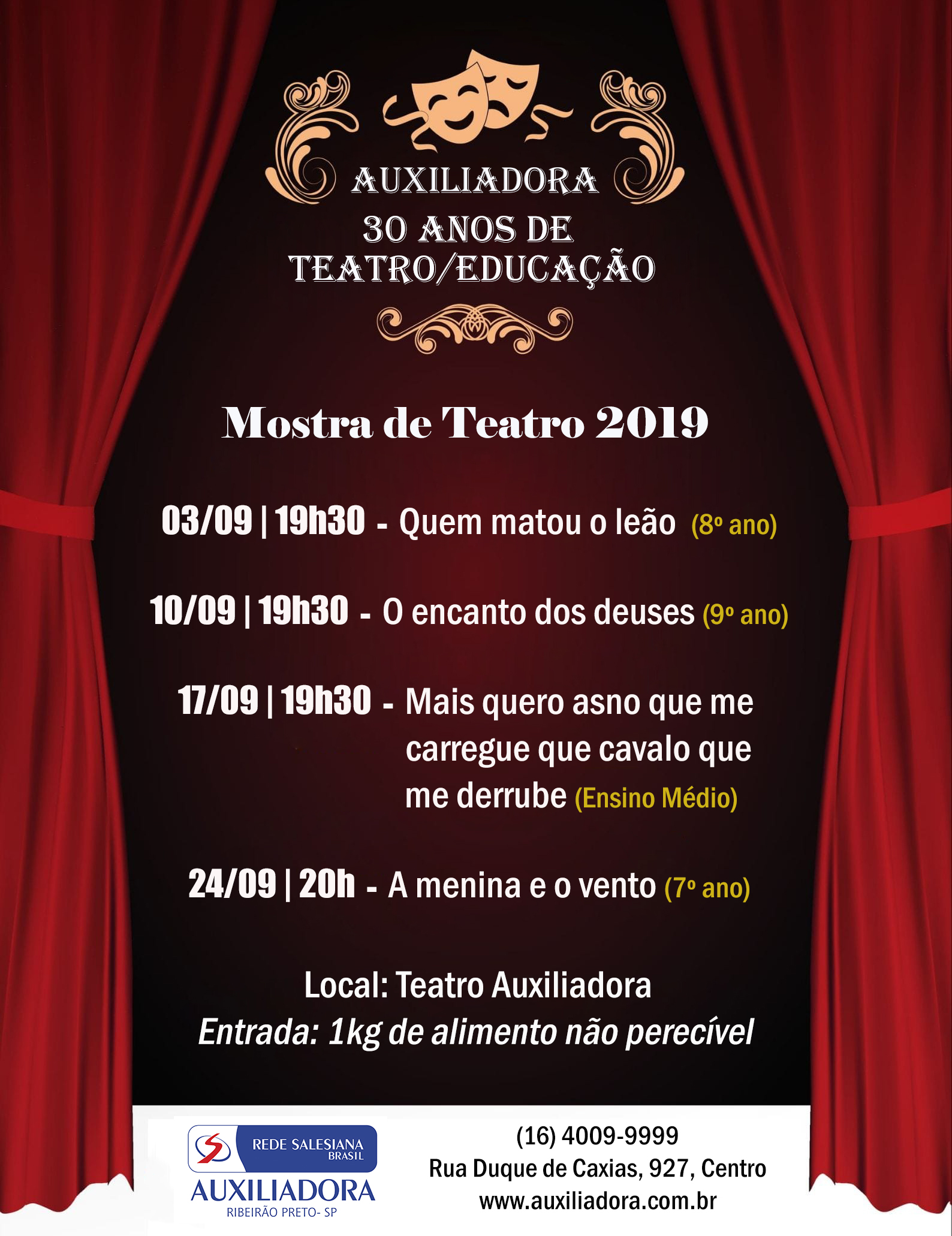 Tradicional Mostra de Teatro do Auxiliadora começa na próxima terça-feira