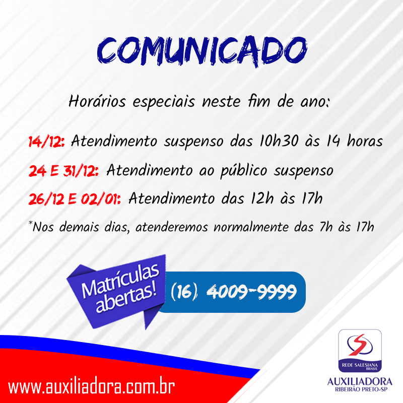 FIM DE ANO - Horários especiais de atendimento